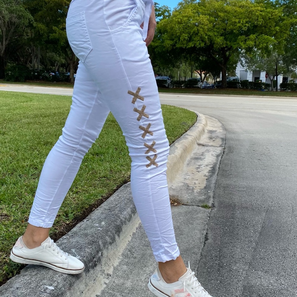 White Jogger Pants with Embellishments - Picture 2 of 9